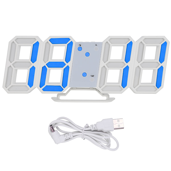 3D Digital LED Væg Ur Alarm Nummer Tid Display USB Opladning Hjem Ure (blå)