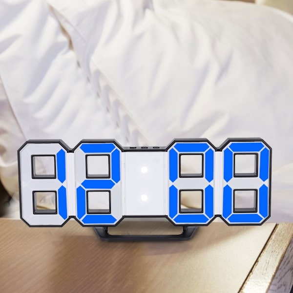 Digital LED Stor 3D Bordklokke Veggklokke Alarm Snooze Klokke med Svart Skall Hjemmedekor Blå