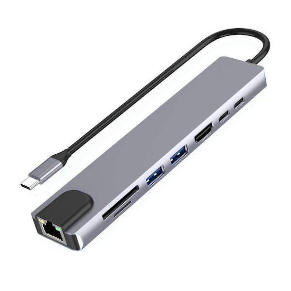 USB-C Hubb med Ethernet, 4K HD, USB 3.0, SD-kortläsare