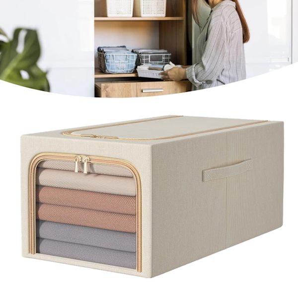 Klesoppbevaringspose 50L Klesoppbevaringsboks Soverom Oppbevaringsboks med Metallram Håndtak 47x35x30cm Beige