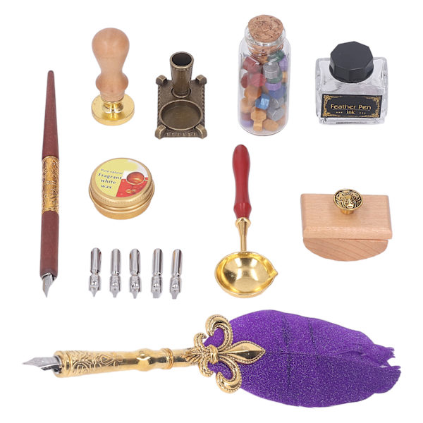 Fjäder Pen Set Retro Utsökt Quill Pen Spets Smältvax Sked Bas Bläck Stämpel Kalligrafi Pen Quill Pen Kit Lila