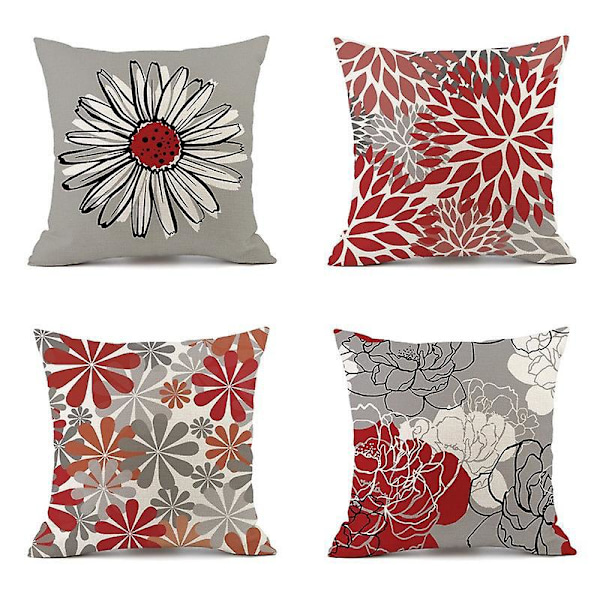 Sett med 4 Dekorative Putetrekk Vakre 45 x 45 cm Myke Slitesterke Firkantede Putetrekk med Blomstermønster Trykt for Sofa Seng
