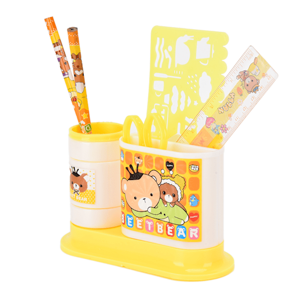 Pen Holder Rotating 2 Grid Plastic Pencil Boxes with Pencil Sharpener Scissors for Students Pencils Pen Storage GiftYellow