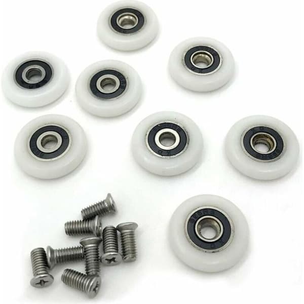 Sæt med 8 udskiftningshjul til brusedøre, 23 mm diameter. Brusedør og vægmontering.