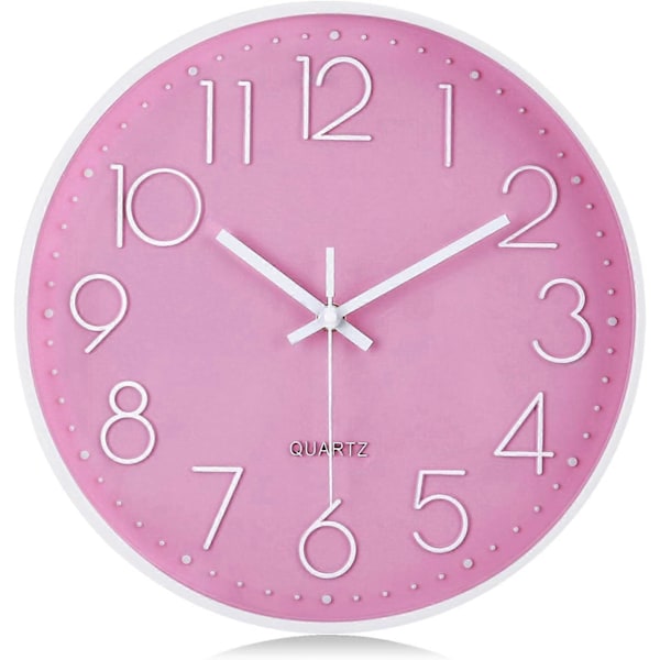Pink Vægur til Børn og Piger, Moderne, Lydløs Pendul med 3D Tal, Letlæseligt, Ikke-Tikkende Quartz, Dekorativt til Stue, Soveværelse