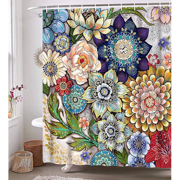 Farverig Blomster Bruseforhæng - 180x200 cm - Vaskbar & Vandtæt - Anti-Mould - 12 Ringe - Rød Grøn Blå Brun Gul