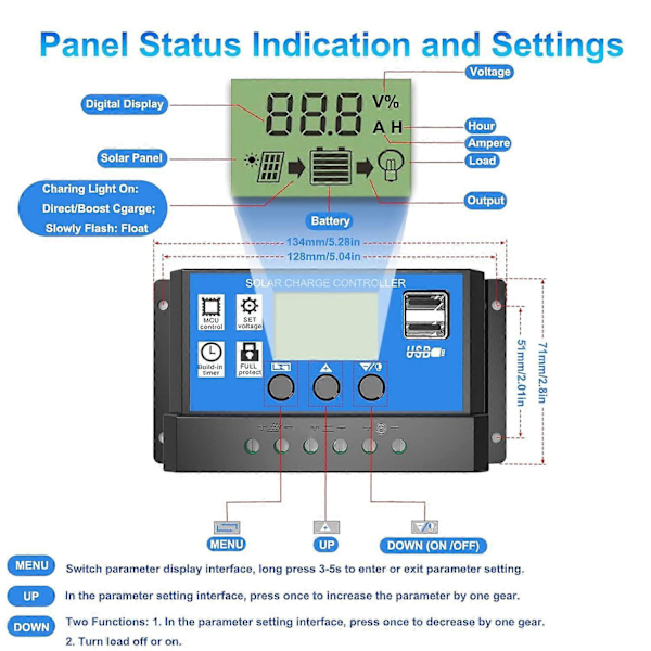 Solarladdningsregulator, 10A Solpanelregulator 12V/24V PWM Automatisk Parameter Justerbar LCD-skärm