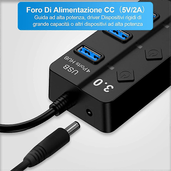 USB 3.0 Hubb med Separat Strömbrytare och LED-lampor, 4 Portars USB Hubb Strömadapter för Snabb Dataöverföring & Laddning
