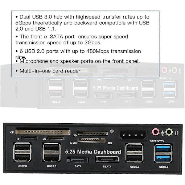 Multi-Funktions USB 3.0 Hub eSATA SATA Port Intern Kortlæser PC Dashboard Media Frontpanel Audio til SD MS CF TF M2 MMC Hukommelseskort Kompatibel 5.