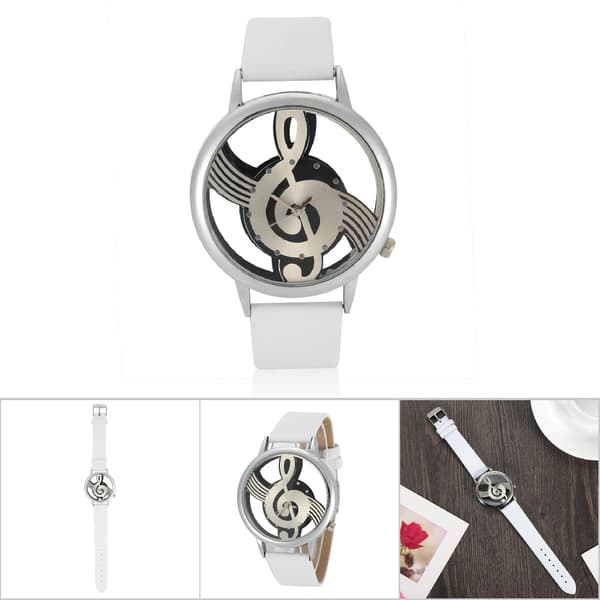 Quartz Analogt Par Klokke Rund Hul Musikknote Skive PU Stropp Armbåndsur (Hvit Stropp)