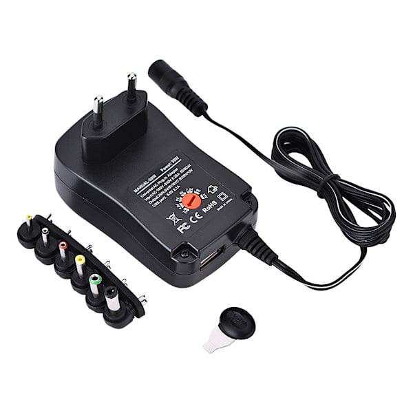 Universaalinen AC/DC-virtalähde 5V 2.1A USB-portti 6 kärjet 30W 3V/4.5V/5V/6V/7.5V/9V/12V EU