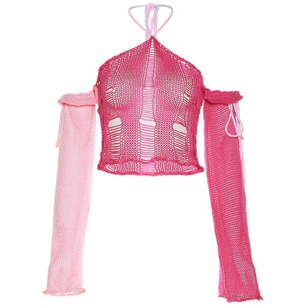 Halter Bandage Patchwork Hullet Ud Strik Crop Top - Pink