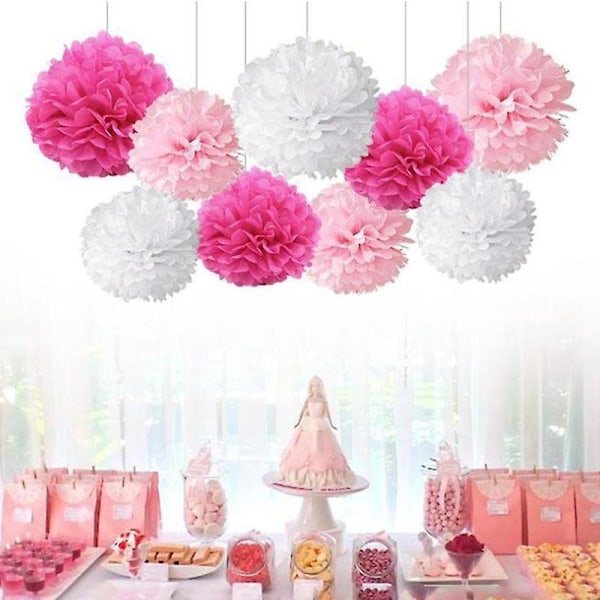 Pappersblommor i Pompom-form, 9 st, Rosa, Roseröd, Vit, för födelsedag, möhippa, bröllop, babyshower, bröllopsshower, festdekoration