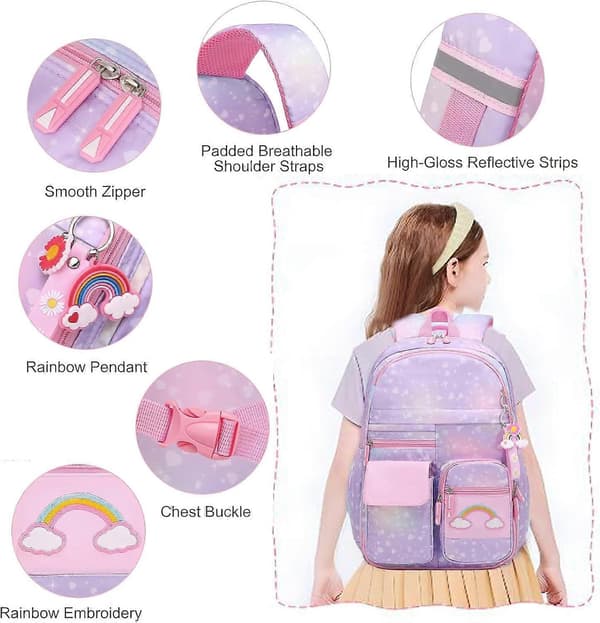 School Backpack Set, Girls Rainbow Backpack Cute Backpack for School Laptop Travel Bag With Pencil Case