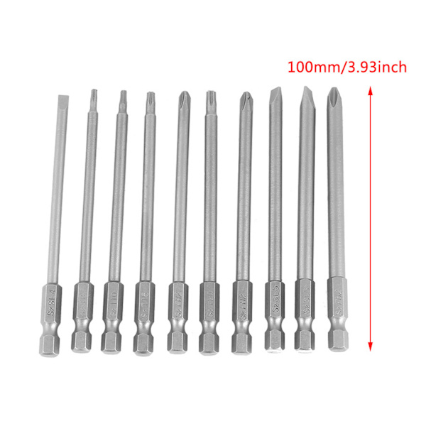 Magneettinen BST-ruuvitaltan set - 10 kpl 100 mm, 1/4" kuusiovarsi (ura + ristikkäinen turvatähti)