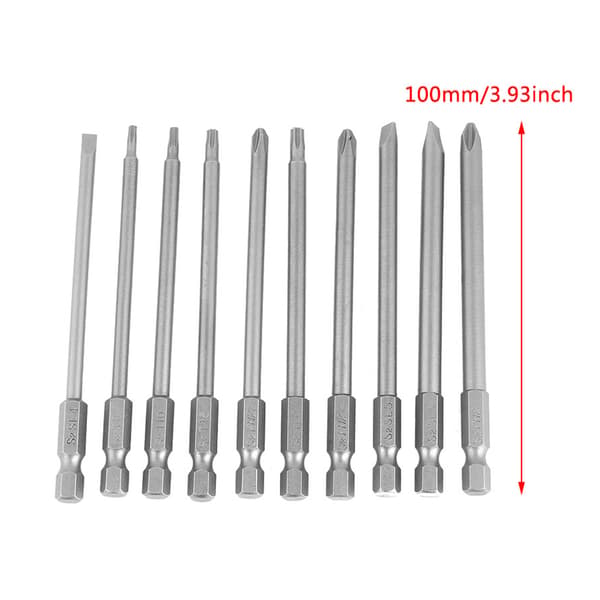 Magnetisk BST Skruvmejselbits Set - 10st 100mm, 1/4\" Hex Skaft (Spårskruv+Kryss Säkerhetsstjärna)