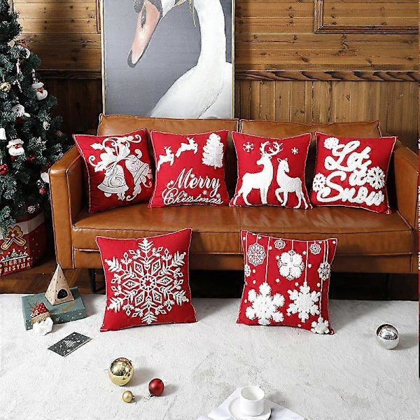 Christmas1 Juleputevar i Lin med Snøfnuggmønster Dekorativt Broderi Soverom Putetrekk Stue Kontorer Kafé Balkong Sofa