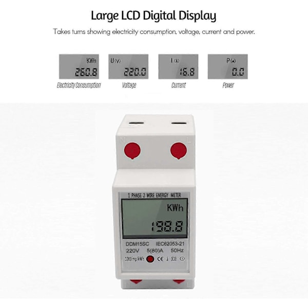 LCD Digital Display Din Skinne Enkeltfaset Energimåler 5-80A 220V 50Hz Elektronisk KWh Måler Strømforbrugsindikator DDM15SC
