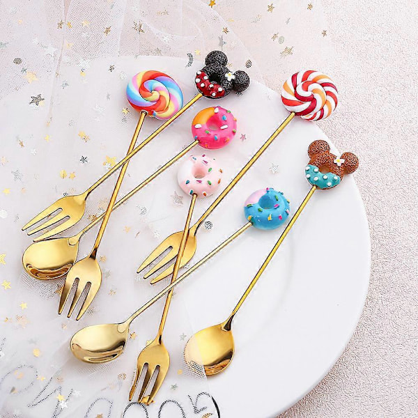 Kreativ tegneserie liten skje dessertgaffel smultring skje lollipop makron skje liten skje kake skje gaffel 6 deler lollipop gyllen skje rosa