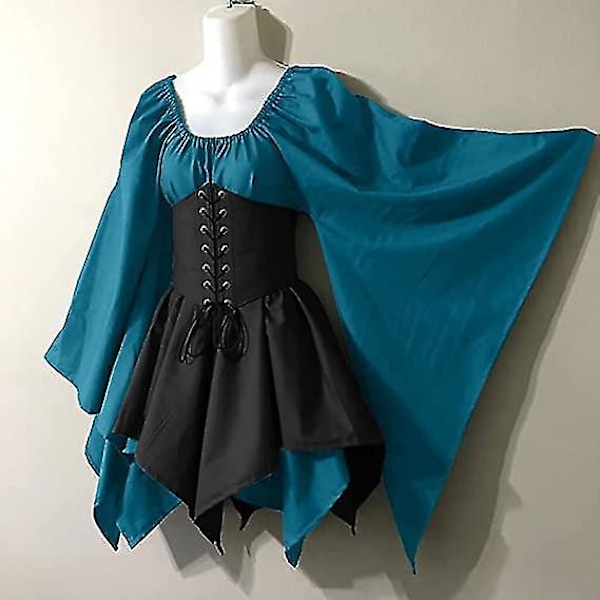 Keskiaikainen renessanssipiraatti-korsettimekko liehuvin hihoin - Perinteinen irlantilainen lyhyt mekko (4XL, taivaansininen/musta)