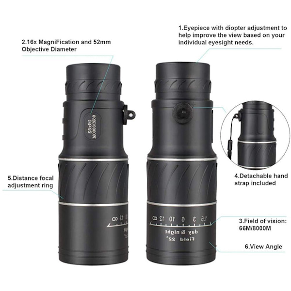 Monokulær Teleskop 16x52 Monokulær Dobbelt Fokus Optik Zoom Teleskop Vandtæt Lav Nattesyn Monokulær til Fugleobservation
