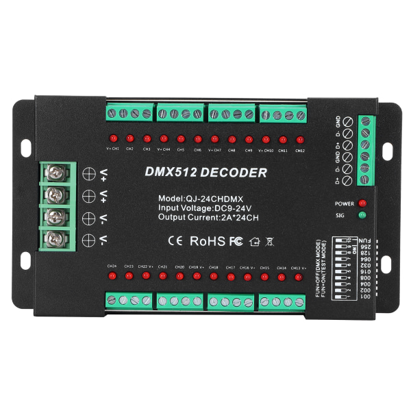 24-kanals DMX512 afkodningscontroller LED farve RGB Strip Lights Controller med DIP
