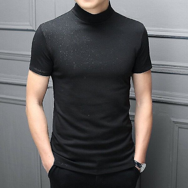Herre Svart Slim Fit Turtleneck Genser med Korte Ermer