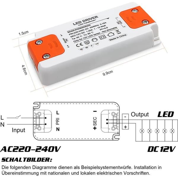 LED-transformator, 220-240 V ingång, 12 V DC utgång, 1,25 A, 15 W, LED-bombskontroller, konstant spänningsförsörjning, 4-pack.