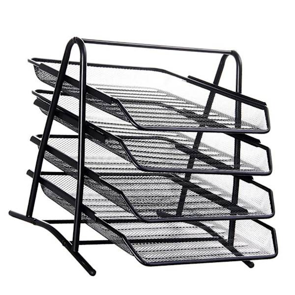 Skrivebordsfilorganisering 4 rom Slitesterk metallnetting Enkel Aasembly Desktop-filorganisering 4 rom med trekantet hjørne svart