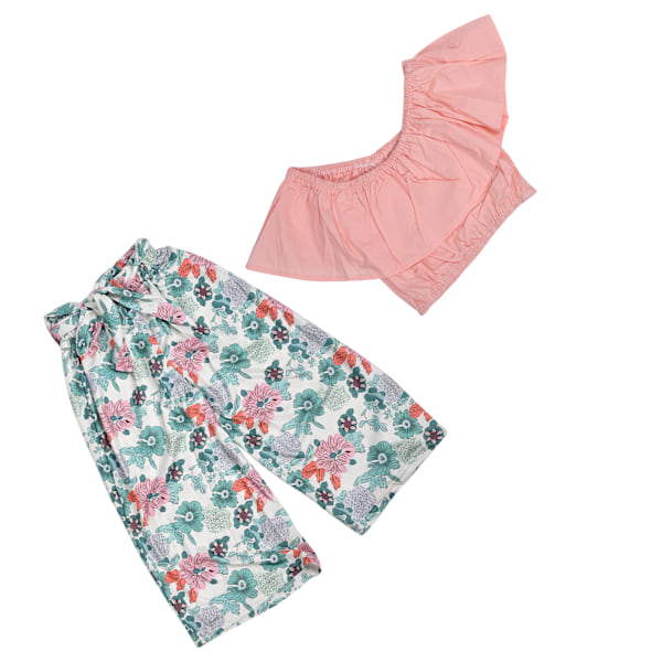 2 stk. pigetøj sommer outfits moderigtigt offshoulder top med bælte blomsterbukser babytøjssæt (Pink 120cm)