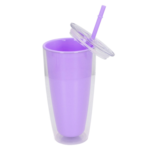Dubbelväggig mugg med lock och sugrör 750 ml Dubbelväggig mugg Stor kapacitet Vattenflaska Bred öppning Splittersäker Lila