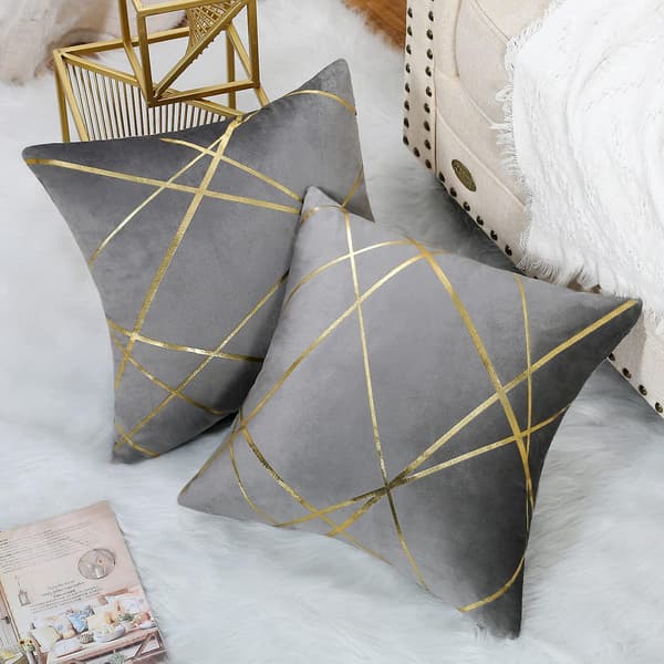 Grå sammetssoffa set - 2 delar, 45x45cm, geometrisk design med guldlinjer