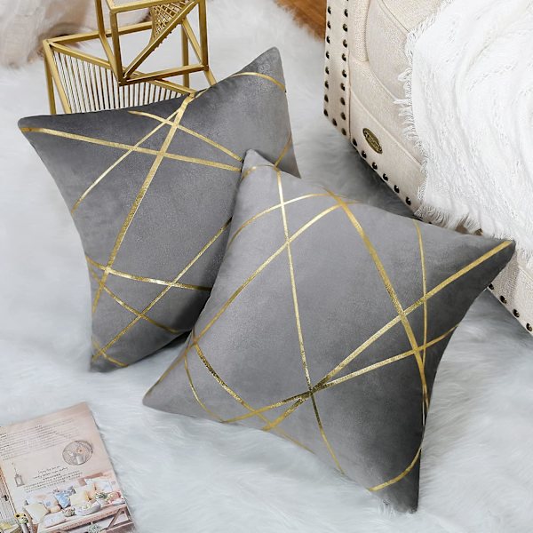 Gråt Velour Sofasæt - 2 Dele, 45x45cm, Guld Linjer Geometrisk Design