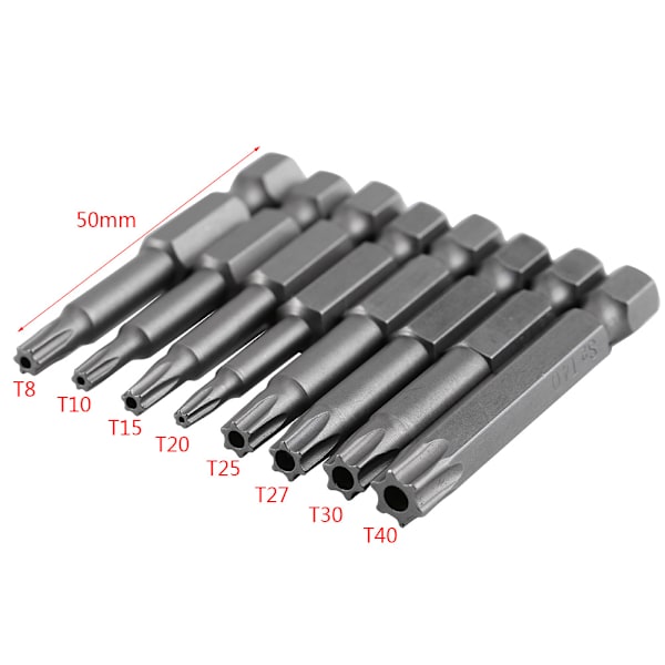 8 kpl 1/4" kuusiovarsi T8-T40 50mm pitkä teräsmagneettinen turvatähti ruuvitaltan set