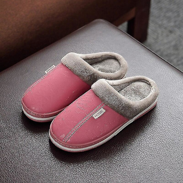 Vattentäta PU-läderslippers för män - Stor storlek, inomhuspäls, vinterplatta skor för par 36-37 (passar 35-36) Rosa