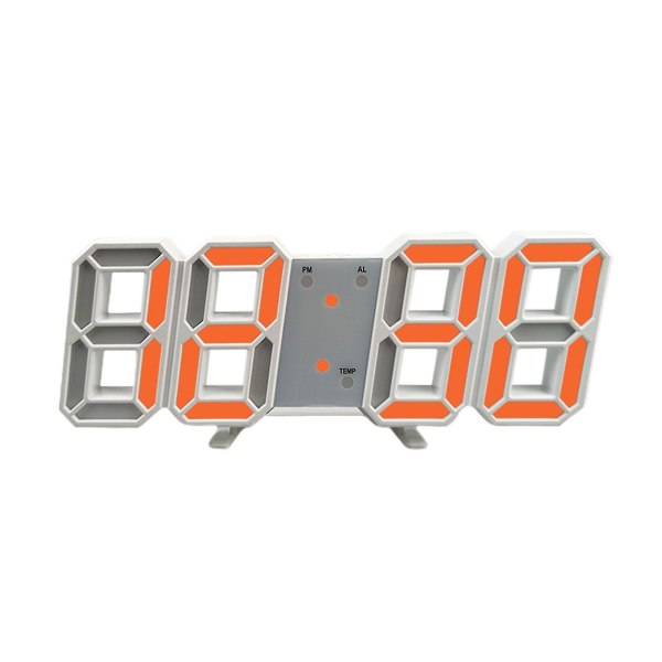 3D-digitaalinen USB seinäkello, jossa 12/24 tunnin aikanäyttö ja LED-yövalo - oranssi hehku