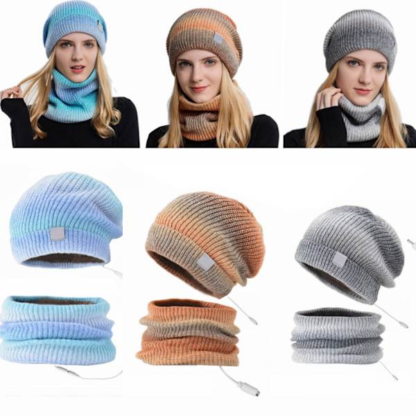 2 st värmehatt halsduk set USB värme vinter tie dye stickad hatt halsduk för män kvinnor utomhus skidåkning cykling löpning