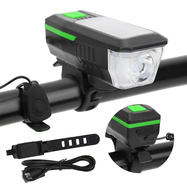 Solcelledrevet USB-opladningscykellys Forlygte Lommelygte Cykeltilbehør med Advarselshorn Sort og Grøn