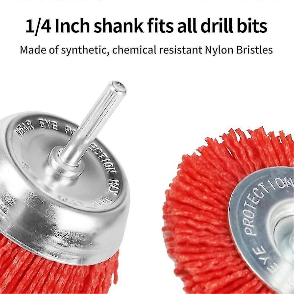 5 stk. nylonfilament slibende stålbørstehjul & kopbørstesæt med 1/4 tomme boremaskine, nylonsæt, rød
