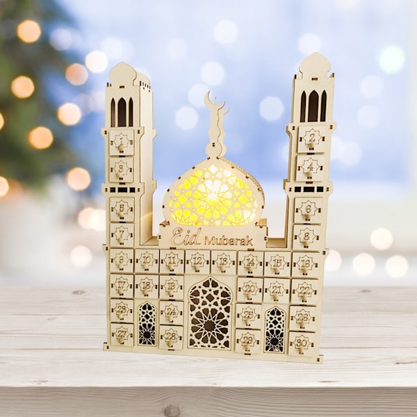 Ramadanin adventtikalenteri, puinen koriste, Eid Mubarak -laskentakalenterikoriste LED-valoilla