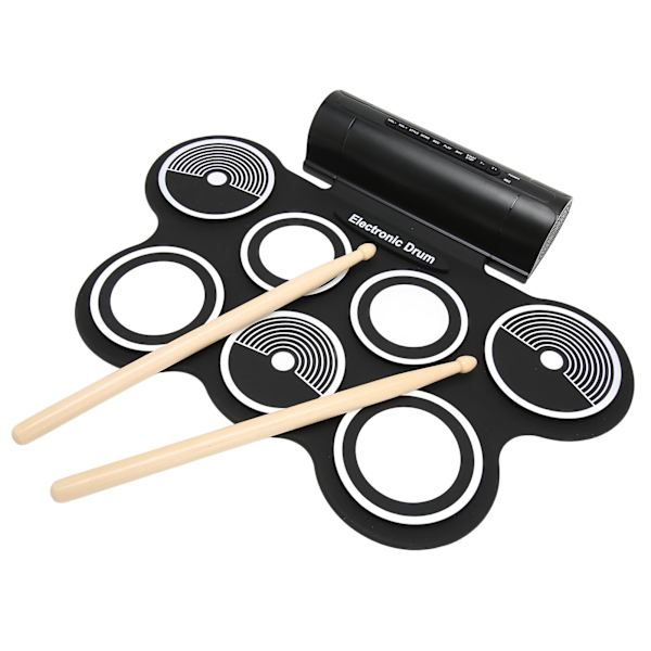 Elektroniskt trumset 7 pads dubbla högtalare stereo surroundljud bärbar hoprullbar trumövningsplatta 100‑240V EU-kontakt