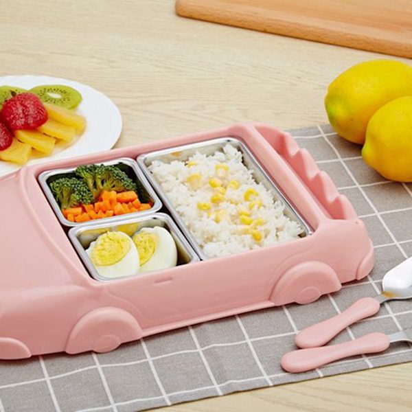 Matlåda i rostfritt stål med tre fack, rosa