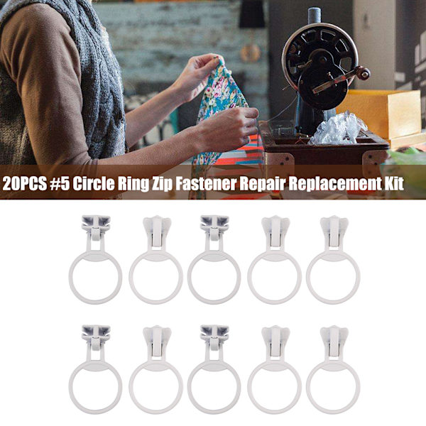 20 st Metalllegering dragkedja Sliders Storlek #5 Circle Ring Fästelement Reparation Kit (Vit)