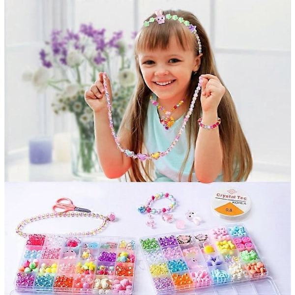 Børne DIY Perlesæt Style 1, DIY Perler Børnesmykkesæt, Perler Smykker Håndværk Armbånd Halskæder, Julegaver og Fødselsdagsgaver til Piger