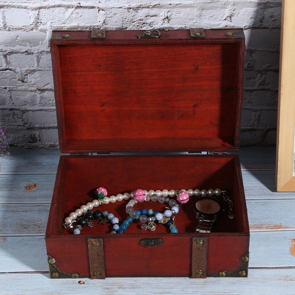 Vintage træopbevaringsboks, dekorativ skattekiste til smykker med lås til hjemmet 6282-2301