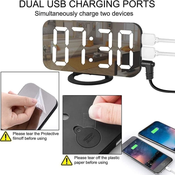 Modern LED-spegel digital väckarklocka med 2 USB portar, justerbar ljusstyrka, svart