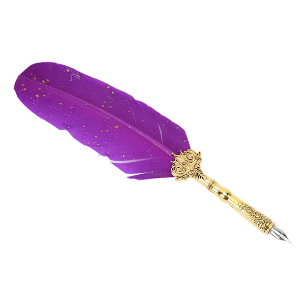 Retro Feather Pen Set Presentförpackning Lila Klar Textur Rostfritt stål Graverad Spets Pole Quill Ink Pen Set