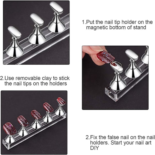 Akryl negle display stand sæt - Magnetisk negleøvelsesstand til falske negle manicure værktøj (sølv)