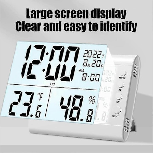 Hygrometer Termometer Digital Fugtighed Temperatur Monitor Måler Vækkeur hvid