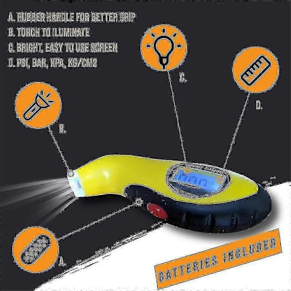 Däcktrycksmätare, Digital Däcktrycksmätare, Cykeldäcktrycksmätare, Däcktrycksmätare, Cykeltrycksmätare (gul)